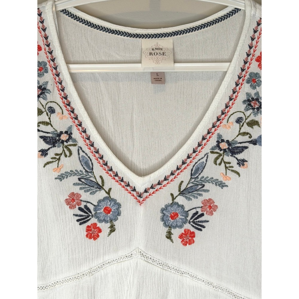 Knox Rose Embroidered Boho Peasant Guaze Top White Floral Large - Picture 4 of 6